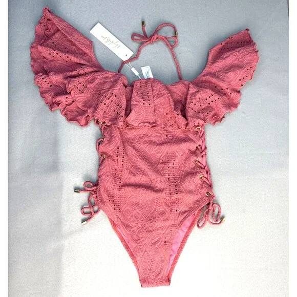 New Pink Swimsuit One Piece Lucia Ruffle Off Shoulder Side Tie Lined S-XL $170 - Picture 10 of 16